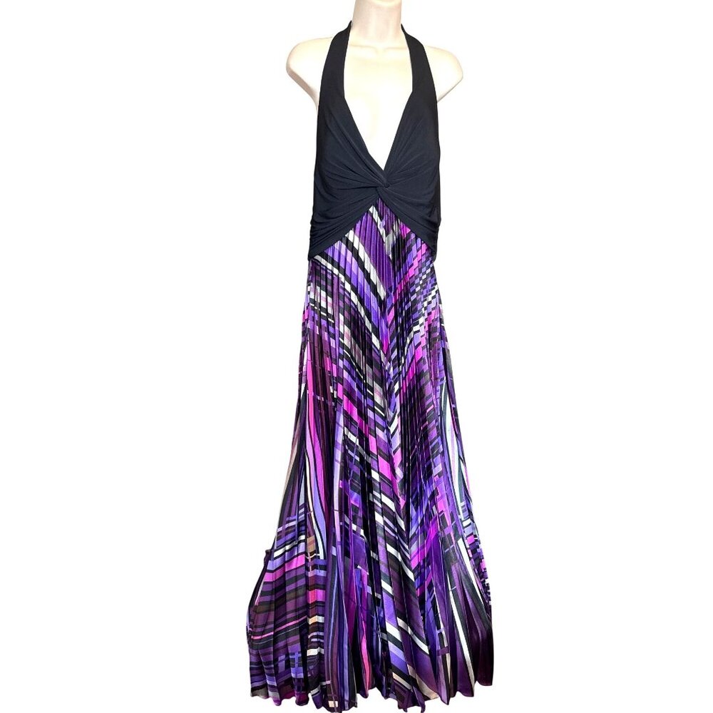Betsy & Adam By Linda Bernell Halter Maxi Dress 16 Purple Black Striped Pleated